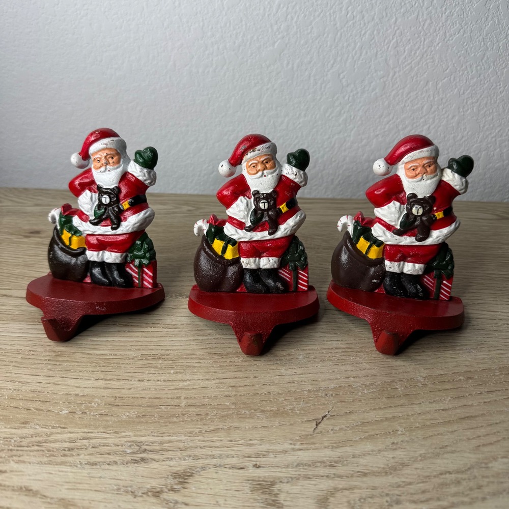 Lillian Vernon 1990 Cast Iron Santa‎ Claus Christmas Stocking Holders Set of 3